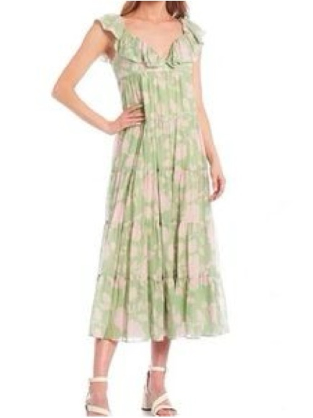 ANTONIO MELANI Green and Pink Floral Ruffle Midi Dress